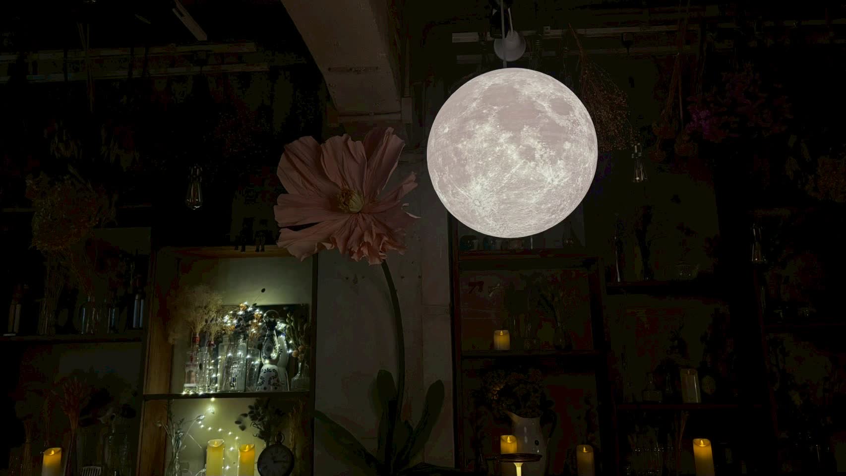 夜の店内。満月のライトが灯る